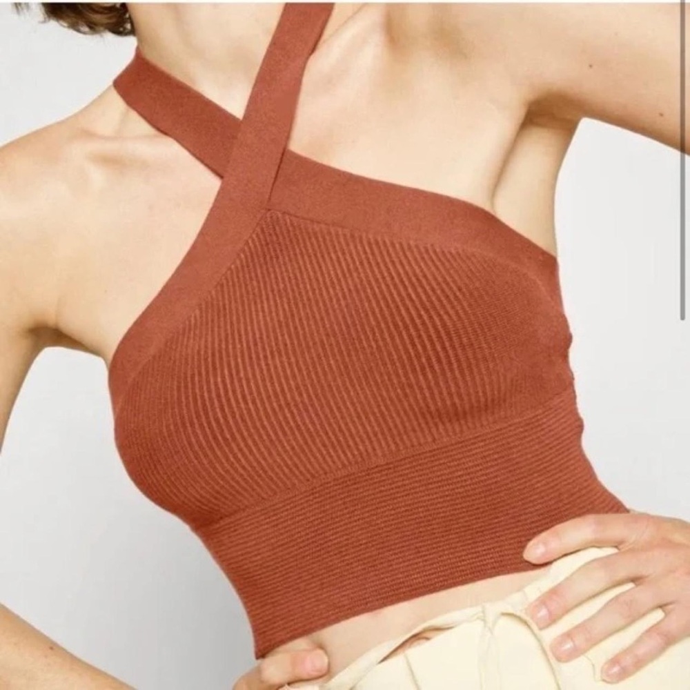 Rust Cross-Cross Halter Knit Cropped Tank